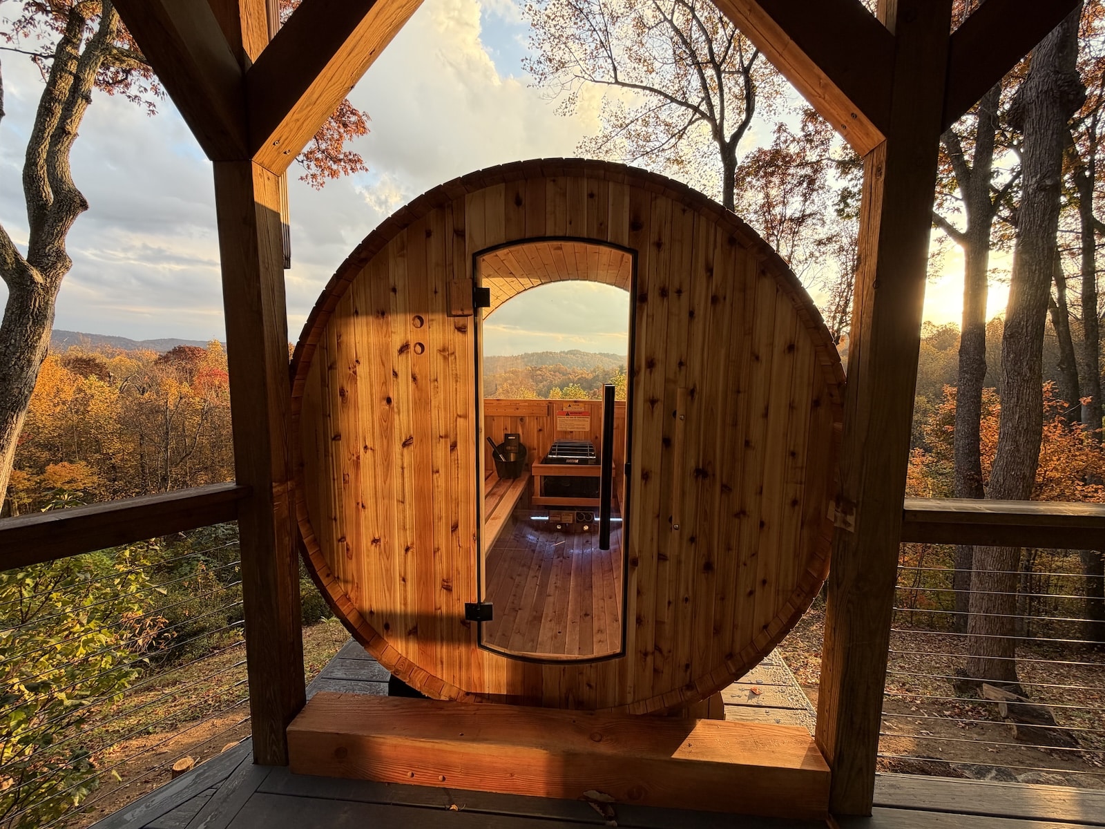Your Guide to the Blue Ridge Parkway Near Asheville 2 A relaxing sauna overlooking fall colors on the mountains at the best Bed and Breakfast NC mountains.