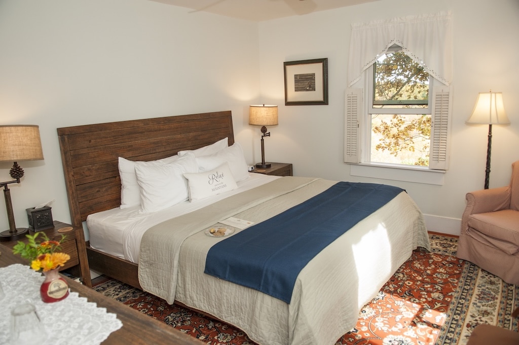 Hike the Beautiful Pearson's Falls in Saluda 8 Stay in Room 1 of one of the best hotels in Saluda. Room with bed and rug, sun shining through window.