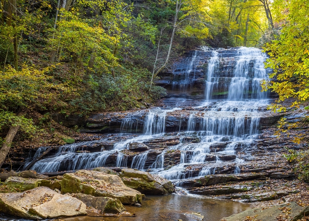 Hike the Beautiful Pearson's Falls in Saluda 25 Hike to Pearson's Falls near Saluda, NC. Waterfall cascading over rocks, surrounded by trees.