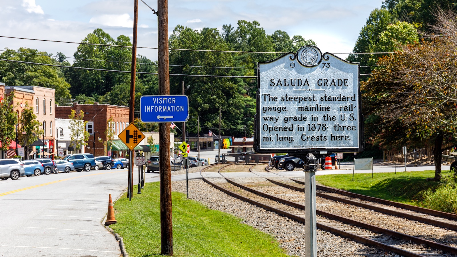Downtown Saluda with a rail road running to the right and downtown buildings to the left. Exploring downtown is among things to do in Saluda NC.